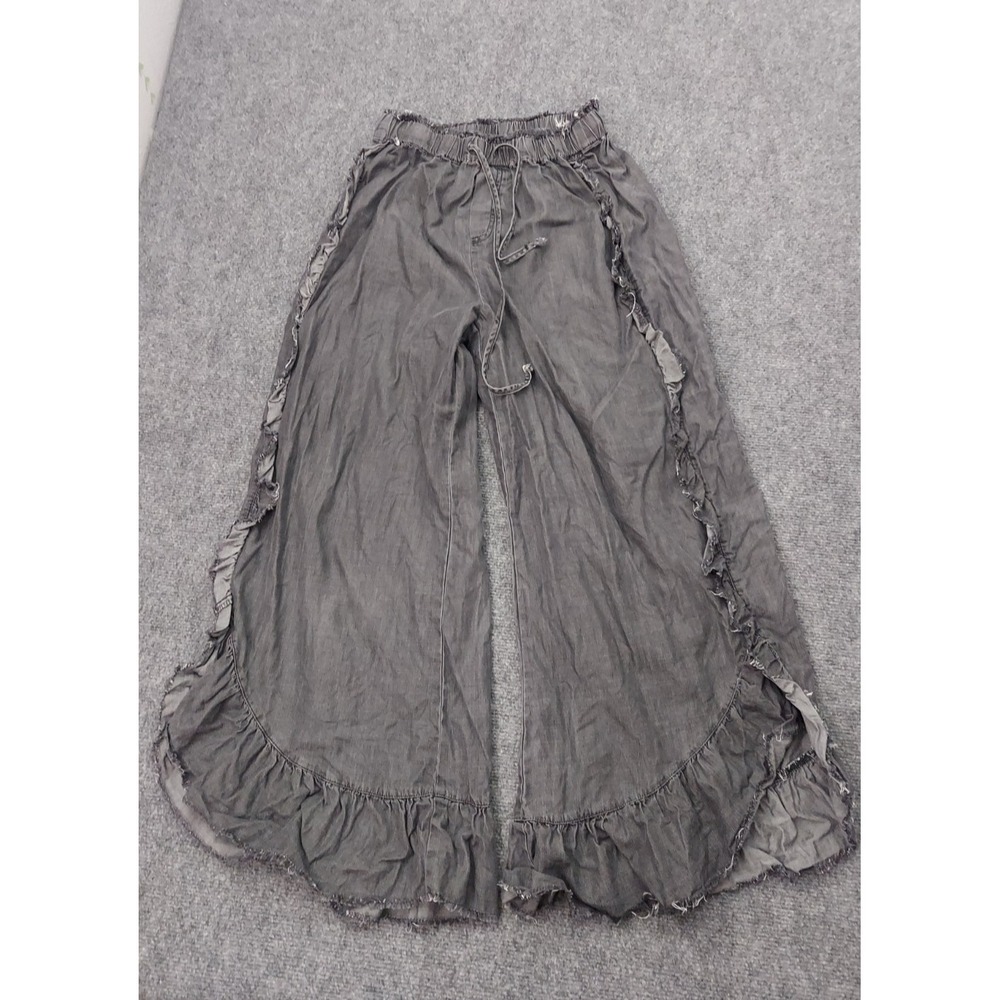 Easel Drift Wave Ruffle Pants Womens Medium Gray Tencel Boho Wide Leg Flowy Fray